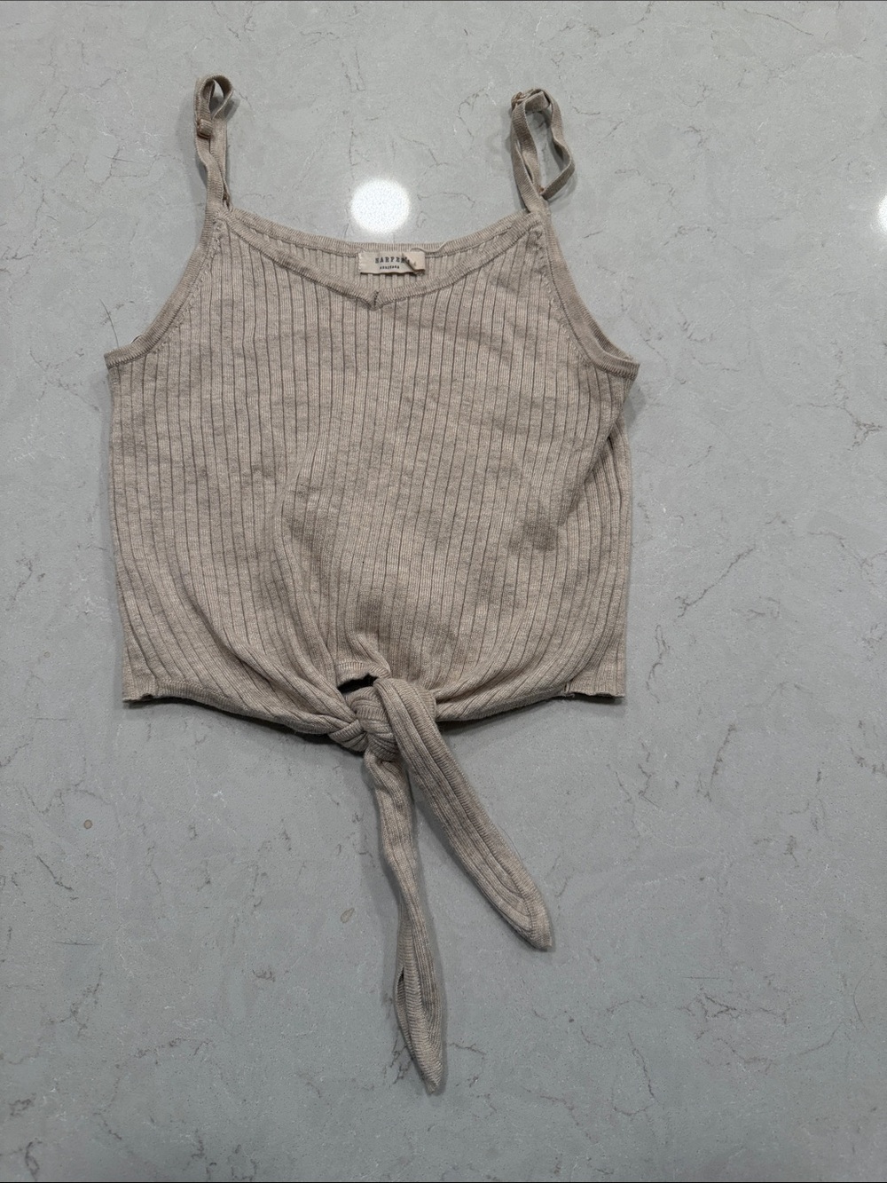 Ribbed Tie-Front Tank Top - Cream with adjustable straps